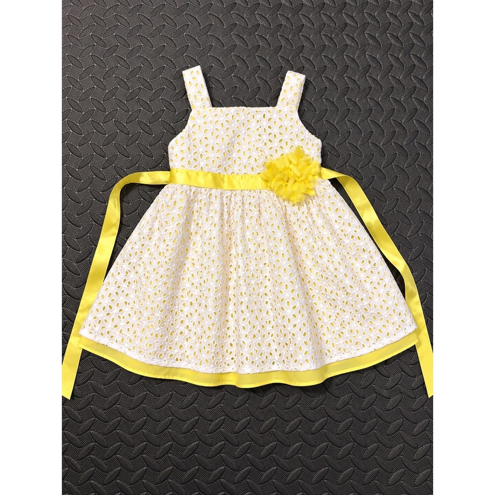 Rare Editions Girls 2T White Eyelet Dress Yellow Satin Trim Flower E279874